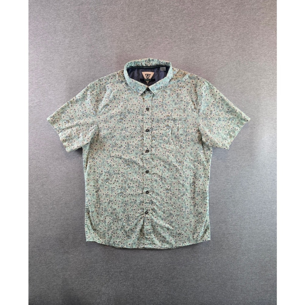 Vissla Button Down Shirt Mens Medium Green Mushroom Floral Short Sleeve Travel